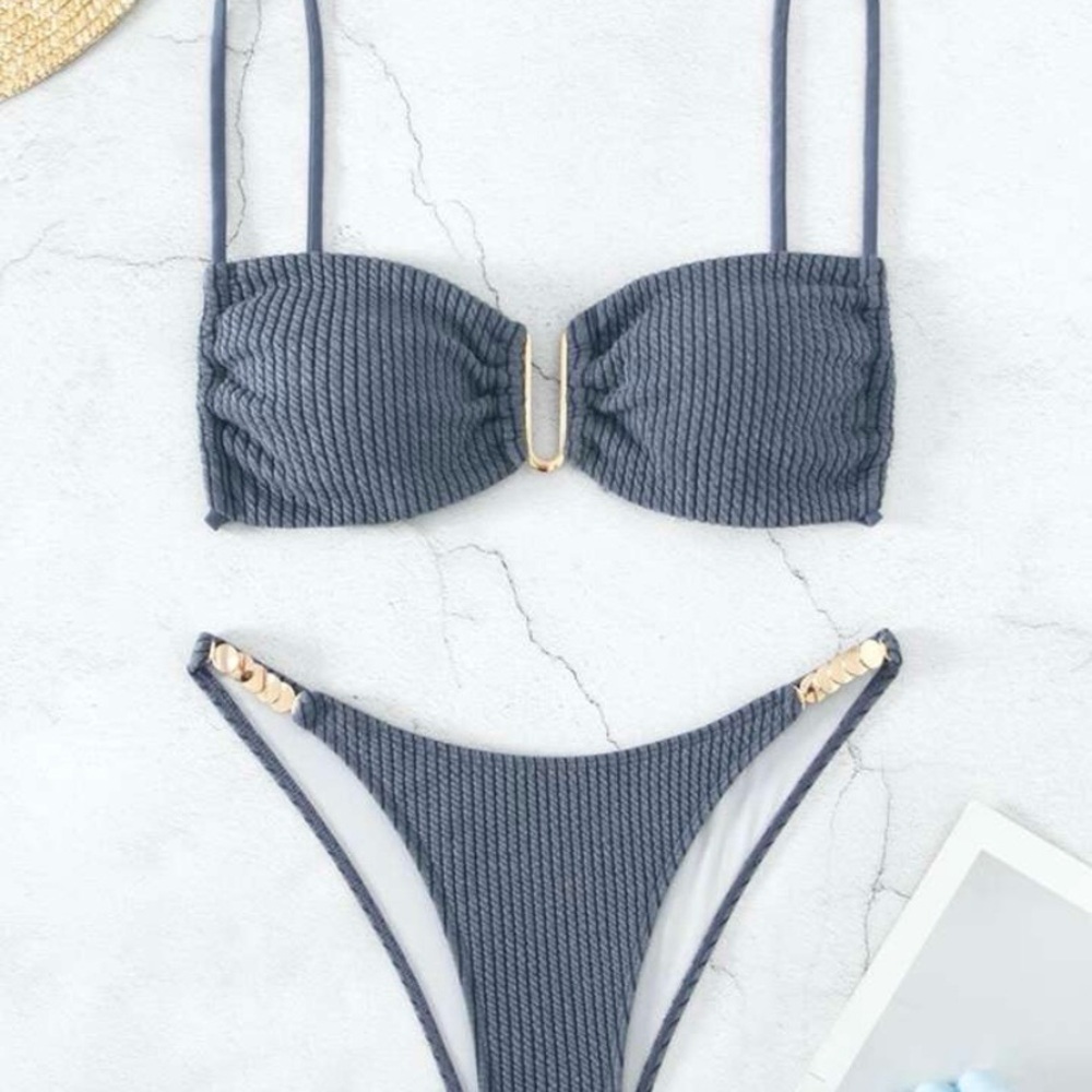 SHEIN Gray Ribbed Bikini Set with Bandeau Top